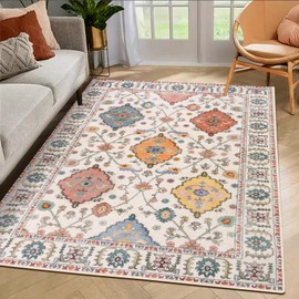 MAST DOO Washable Living Room Rug, 60 x 110 cm, Boho Short Pile Bedroom Rug, Oriental Vintage Rugs, Soft Non-Slip Design for Bedroom, Dining Room, Kitchens