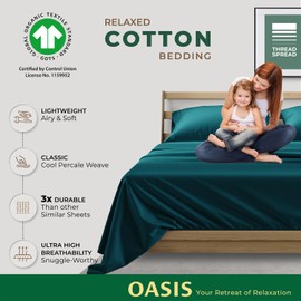 THREAD SPREAD 100% Organic Cotton Sheets Queen Size - 4 PC Organic Cotton Queen Size Percale Weave Sheet Set, Soft, Cooling, Crisp & Breathable, 16" Deep Pocket Hotel Quality Bedding Set - Teal