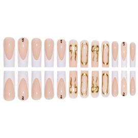 Long Square Press on Nails White French Tips Fake Nails with Rhinestones Water Ripple Design 3D Gold Bow False Nails Golden Irregular Stick on Nails Glossy Summer Nails for Women Girls Manicure 24Pcs