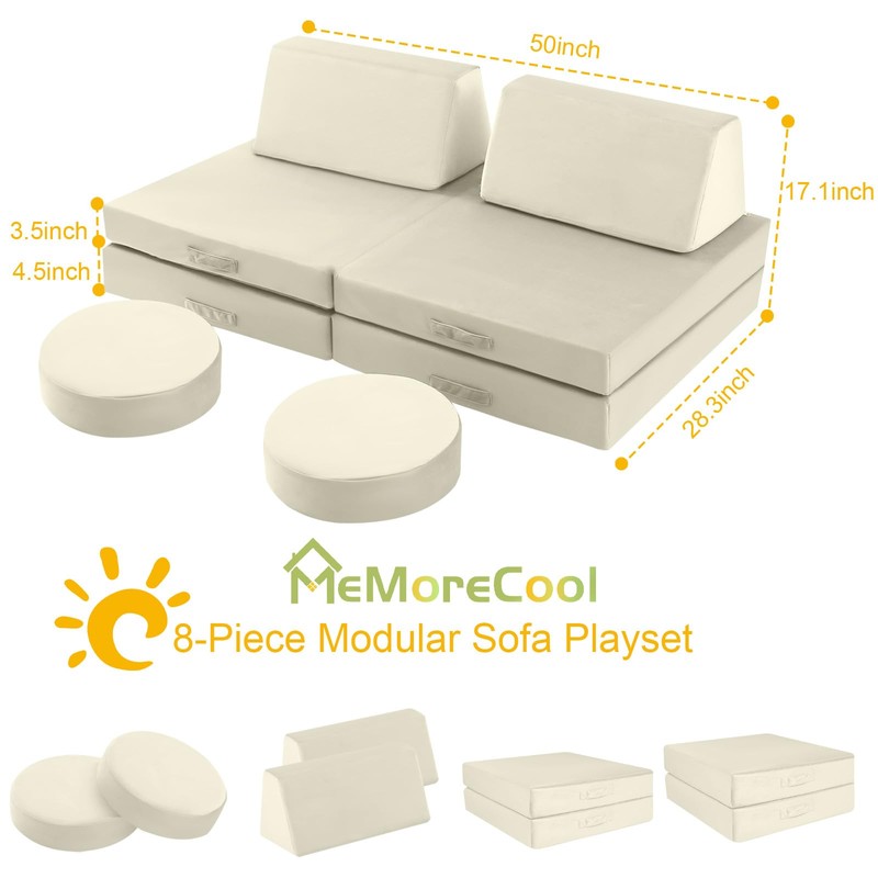 MeMoreCool Modular Kids Play Couch – 8-Piece Beige Foam Sofa