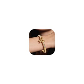Gold Bow Bangle Bracelet for Women Bow Cuff Bracelet Dainty Cubic Zirconia Bracelet Stainless Steel Open Bracelet Trendy Jewelry Gifts for Women (A.)