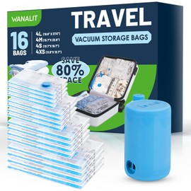 Vacuum Storage Bags for Travel, 16 Pack (4L+4M+4S+4XS) Vacuum Seal Bags with Wireless Rechargeable Electric Pump, Travel Essentials Space Saving Bag for Clothes, Luggage, Carry-on Suitcase, Backpack