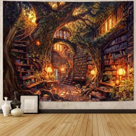 Accnicc Forest Library Tapestry Tree Bookshelf Tapestries Wall Hanging Vintage Fantasy Fairy Treehouse Book Large Tapestry for Bedroom Living Room Dorm Classroom 80 x 60 inch