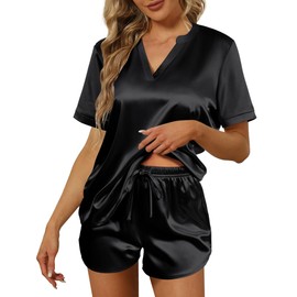 Ekouaer Silk Pajamas for Women Short Sleeve Sleepwear Two-piece Pjs Set Soft V Neck Loungewear Tops with Pj Shorts Black Large