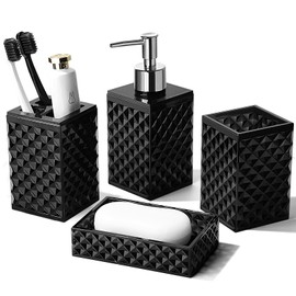 RYTOXILO Juego de accesorios de baño negro, 4 paquetes de accesorios de baño negro mate completos, juego de dispensador de jabón acrílico y soporte