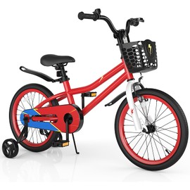 HONEY JOY Kids Bike, 14 16 18 Inch Toddler Bikes w/Training Wheels & Handbrake, Steel Frame, Fully Enclosed Chain, Adjustable Handlebar & Seat (18 Inches with Kickstand, Red, Flash Pattern)
