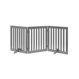 unipaws Freestanding Wooden Dog Gate, Foldable Pet Gate with 2Pcs Support Feet Dog Barrier Indoor Pet Gate Panels for Stairs, Gray, Indoor Use Only