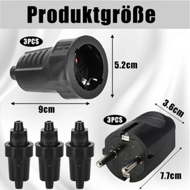 Schuko Plug Coupling: Schuko Plug Outdoor 250 V 16 A IP54 Without Cable 2-Pin External Rubber Coupling and Waterproof Black Schuko Plug 3 Pairs