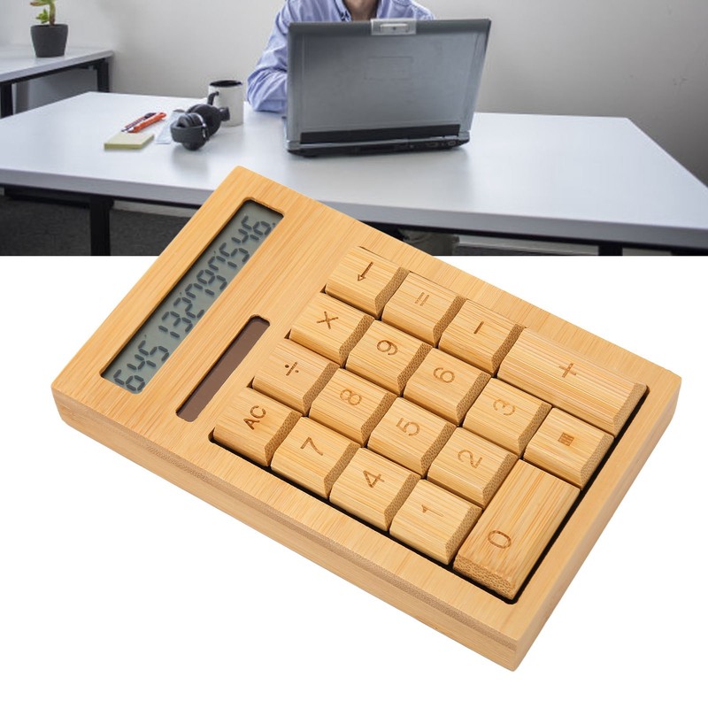 Wooden Calculator Solar Battery Powered 18 Keys Large LCD Display