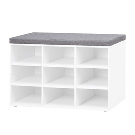 DINZI LVJ Shoe Storage Bench with Cushion, Cubby Shoe Rack with 9 Cubbies, Adjustable Shelves, Multifunctional Shoe Organizer Bench for Entryway, Mudroom, Hallway, Closet and Garage, White