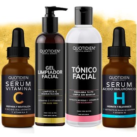 Kit 4 Pasos Quotidien: 1 Limpiador Facial 235 ml + 1 Tónico Facial 350 ml + 1 Serum Vitamina C 30ml + 1 Serum Ácido Hialurónico 30ml | Skincare Kit con Ingredientes Naturales - 