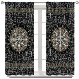 wlsgdsg Viking Art Curtains, Mysterious Old Norse Mythology Viking Runes Primitive Shield Totem Window Treatments Rod Pocket Drapes for Boys Youth Living Room Bedroom 42x45in（No Blackout）