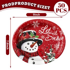 JarThenaAMCS Christmas Oval Paper Plate Snowman Cardinal Snowflake Disposable Plate Red Tableware Dinner Plate For Xmas Winter Home Party Decor, 50Pcs, 9 x 7.9 In