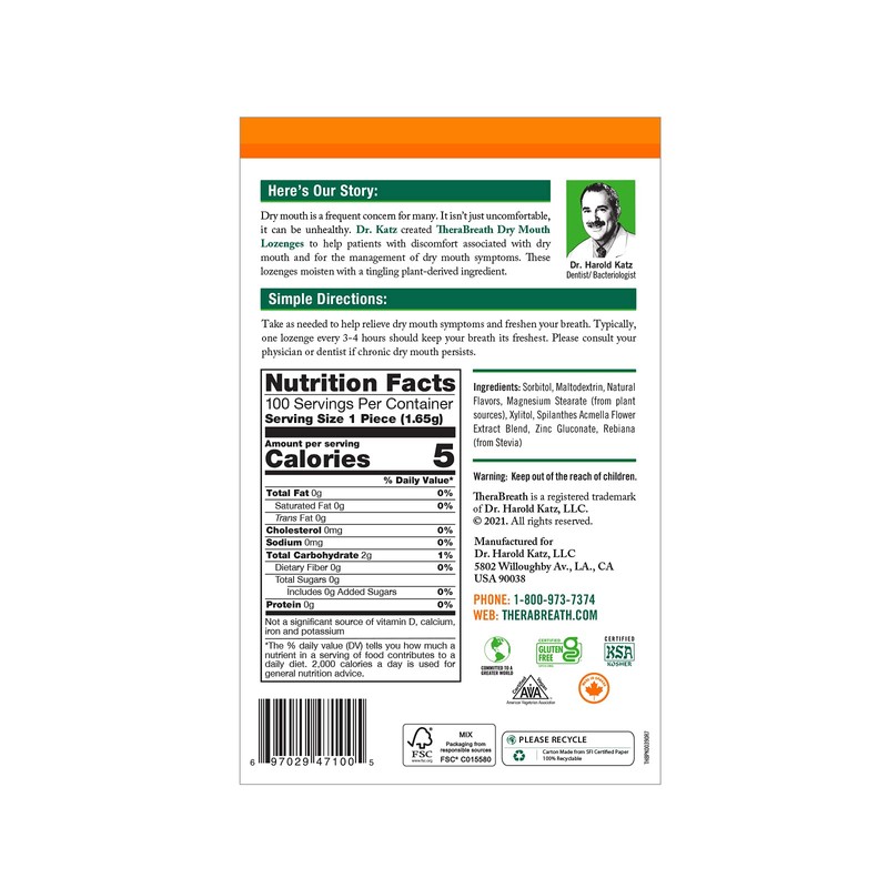 TheraBreath Dry Mouth Lozenges with Zinc, 100 Lozenges, Mandarin Mint,