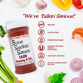 Bone Suckin' Cajun Seasoning & Rub, 4.2 Oz - Gluten-Free, Non-GMO, Kosher, Pareve, Paleo & Sugar Free. Great on Gumbo, Wings, Fried Chicken, Seafood & Brine. No Anti Caking Agent & No Msg!