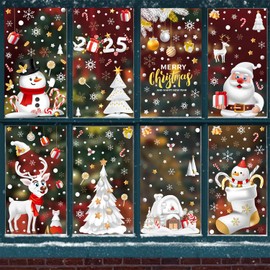 370 Pcs Christmas Window Clings Xmas Decals Stickers Decor with Snowflake Santa Claus Reindeer for Holiday Party Window Glass Decoration, 8 Sheet