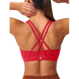 Lassosi Women's Strappy Sports Bra Cross Back Light Compression Padded Thin Strap Low Impact Workout Supportive Yoga Top Red L