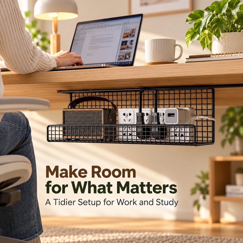 Under-Desk Cable Management Tray for Cord & Power Strip Storage