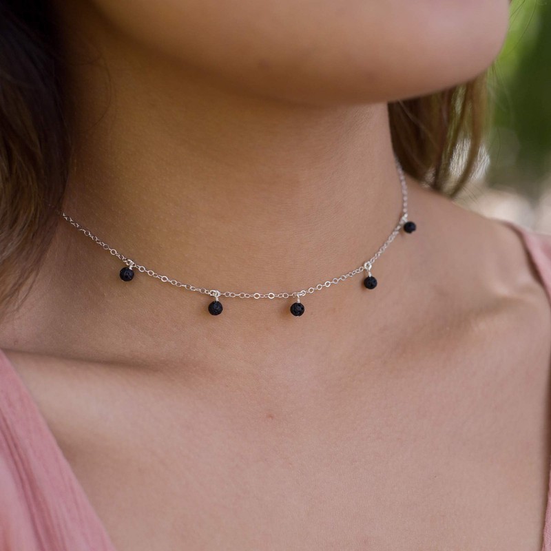 Lava Bead Drop Choker in Sterling Silver