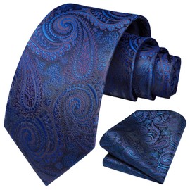 HISDERN Ties for Men Classic Royal Blue Long Tie and Pocket Square Set Wedding Paisley Silk Necktie Handkerchief Formal Business Men's Neckties