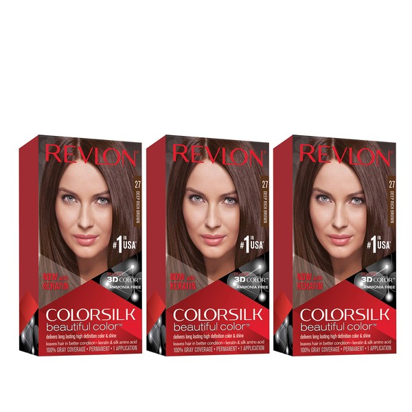 REVLON Colorsilk Beautiful Color Permanent Hair Color with 3D Gel Technology & Keratin, 100% Gray Coverage Hair Dye, 27 Deep Rich Brown, 4.4 oz (Pack of 3)