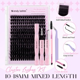 DIY Lash Extension Kit 80D Wispy Lashes 3D Volume Lash Extensions 10-18mm Individual Cluster Lashes Kit Lash Bond and Seal,lash Tweezers,Mascara Brush Natural Look Volume Extensions Beginner Friendly