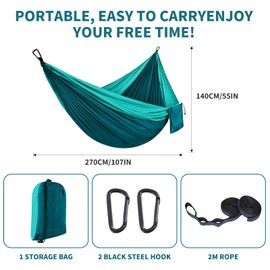 Camping Hammock – Portable Double Hammock 270 x 140 cm, 300kg Load Capacity, with Carabiners & Nylon Straps – Travel Hammocks for Outdoor, Indoor, Garden, Beach, Hiking, Lake Blue​