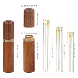 3 Pcs Wooden Needle Holder Storage Case with 36 Pcs Self-Threading Sewing Needles Gold Tail and 3 Pieces Copper Thimblest Ring,Sewing Needles Set for Stitching Embroidery DIY Sewing Craft