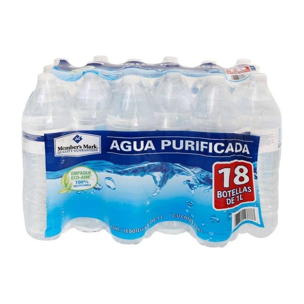 Members Mark - Agua Purificada 18 botellas de 1 litro cada una. Botella 100% Recicable. Libre de Sodio