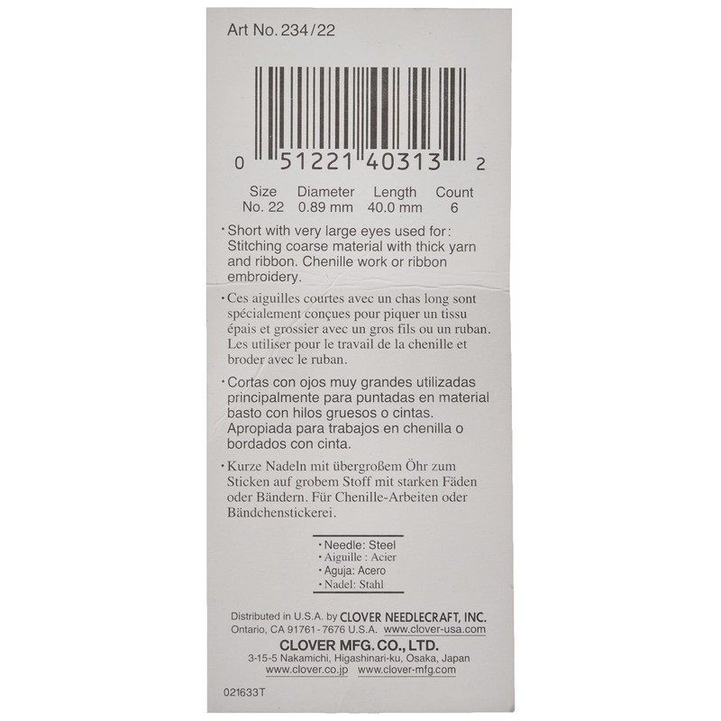 Clover Gold Eye Chenille Needles - Size 22 6/Pkg