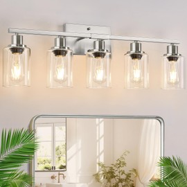 5-Light Bathroom Light Fixtures, Brushed Nickel Bathroom Vanity Light with Clear Glass Shades, Modern Bathroom Wall Lamp for Mirror Living Room Cabinet Bedroom Porch