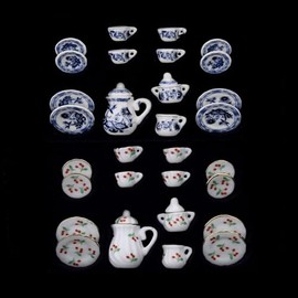 2 Set 1:12 Dollhouse Porcelain Teacup and Teapot Set,30 PCS Dish Cup Plate Dollhouse Decoration Accessories,Dining Ware Porcelain Tea Cup Dollhouse Miniature