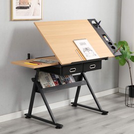 DlandHome Adjustable Drafting Table Craft Table Drawing Desk Hobby Table Writing Desk Studio Desk with Drawers, Angle Adjustable Top,UT-DT1027