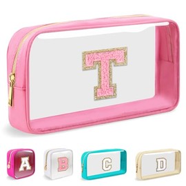 Mini Bolsa Transparente de Maquillaje con Inicial Personalizada, Nailon Claro Preppy A-Z con Parche Chenilla y Cierre, Pequeña y Bonita Bolsa de Viaje