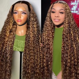 30 Inch Highlight Ombre Deep Wave Lace Front Wigs Human Hair 200 Density 13x6 HD Lace Front Wigs Human Hair Pre Plucked #4/27 Deep Curly Human Hair Wigs Honey Blonde Wet Wavy Lace Frontal Wigs