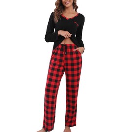 Yukiuiny Womens Long Sleeve Pajamas Sets 2 Piece Tops and Plaid Pants PJ Set Loungewear Sleepwear with Pockets