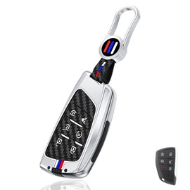 Aoocar 6 Button Heavy Metal Key Fob Cover, Compatible with 2021 2022 2023 2024 2025 GMC Yukon Denali Sierra, Fit for Chevy Silverado Suburban Tahoe Buick, with Carbon Fiber Pattern, Silver (1 Pcs)