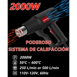 SNORF Pistola De Calor - 2000W Heat Gun, 50℃~600℃, 2 configuraciones de velocidad, 4 accesorios, para manualidades, envoltura retráctil, reparación de electrónica, automoción