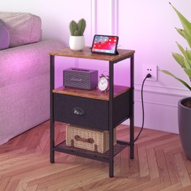 Sthmec Nightstands with Charging Station, LED Bedside Tables with Charging Station and Fabric Drawer, Night Stand with Storage, 3 Tier Side Table with Open Shelf,Nightstand Bedside Table,Rustic Brown