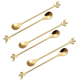 Long Handle Ice Tea Spoons Set Ice Cream Leaf Spoon Stainless Steel Cocktail Stirring Spoon Gold Coffee Spoons For Coffee Bar Dessert Hottea Shakes (6 Pcs, Gold)