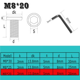 YFLeomry Pack of 40 Flat Head Screws M8 x 20 mm Screws Black Rounded Head Screws Stainless Steel A2 V2A Hexagon Socket Flat Head Full Thread M8 Screws with Wrench for Assembly Maintenance