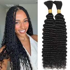 Human Braiding Hair for Boho Braids Human 100g 16 Inch Curly Boho Hair for Braiding Knotless 12A Deep Wave Bulk Bohemian 2 Bundles/Pack Natural Color