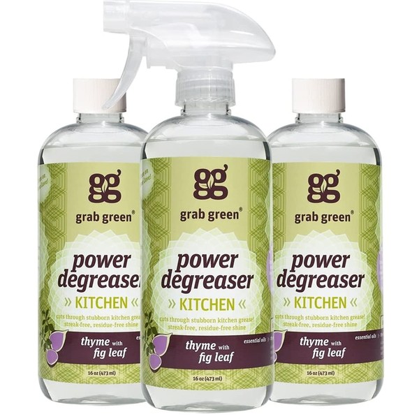 Grab Green Kitchen Power Degreaser, 16 Ounce (Pack of 3), Thyme Fig Leaf Scent, Biodegradable, Plant and Mineral Based, Cuts Through Tough Grease and Grime
