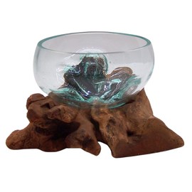 Medium Glass Bowl on Driftwood Figurine, Freestanding Nautical Home & Office Decor, Beach Themed Decoration, 8 Inches