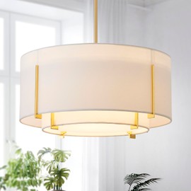 Shrine Lighting Chandeliers, Modern Design, Drum Pendant Light for Dining Room, White Lampshade & Black Finish Frame