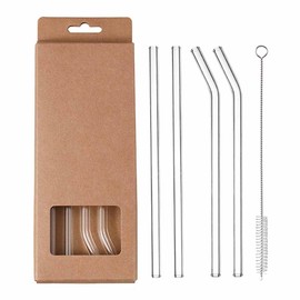 8 Pcs Clear Glass Straws Reusable Drinking Straws with 2 Cleaning Brushes for Juice, Smoothies, Milkshakes, Cocktail (4 Straight and 4 Bent)