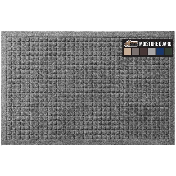 Gorilla Grip Ultra Absorbent Moisture Guard Doormat, Absorbs Up to 1.7 Cups of Water, Stain and Fade Resistant, Spiked Rubber Backing, All Weather Mats Capture Dirt, Indoor Outdoor, 29x17, Grey