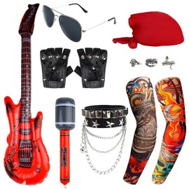 QMLING 11PCS Rockstar Fancy Dress Kids Men, Punk Rock Star Fancy Dress Kids, Heavy Metal Kids Rockstar Costume with Rings Glasses Gloves Sleeves Bandana Bracelet Inflatable Guitar Microphone