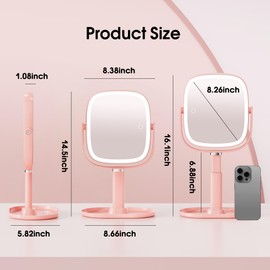 Horyliin Makeup Mirror with Lights - 10x/1x Magnifying Mirror with Light, Rechargeable Desk Mirror with 3-Color Lighting & Memory Function, 360° Adjustable Table Mirror, Gift for Women (Pink)