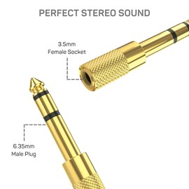 Headphone Adapter 3.5mm to 6.35mm to 1/8 inch to 1/4 inch Premium Gold Plated Stereo Headphones Jack Adaptor Headphone Converter, Long Life Aux Jack Audio Plug 3.5mm Female to 6.35mm Male.